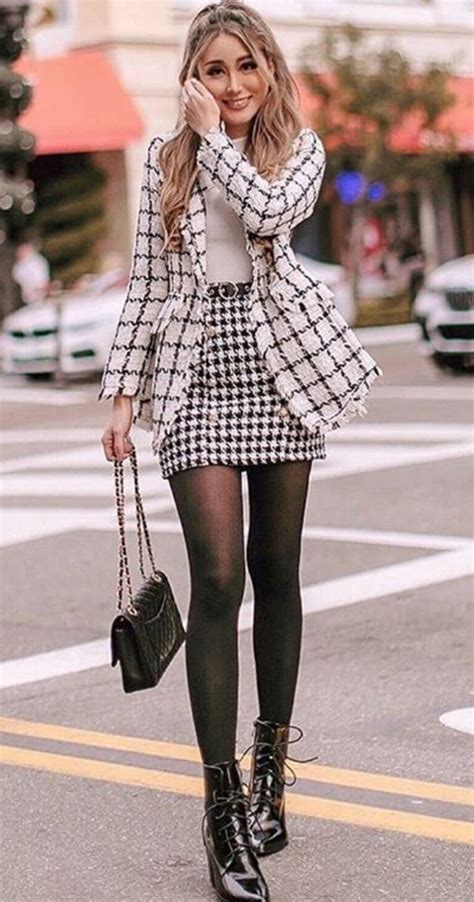 Lace Up Ankle Boots Outfit With Plaid Mini Skirt And Blazer Classy