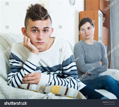 Upset Mother Angry Son Arguing Domestic Stock Photo
