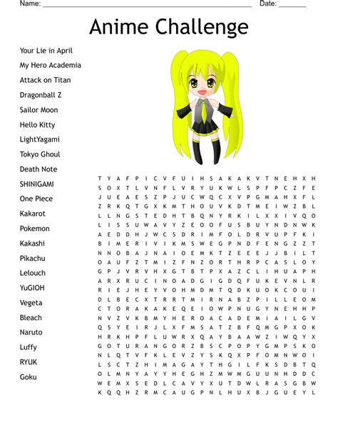 Anime Challenge Word Search Wordmint
