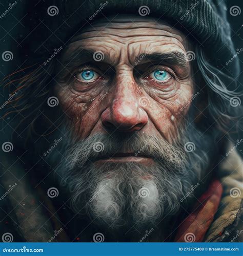 Portrait Of Old Man With Blue Eyes And Beard Realism Style Detailed