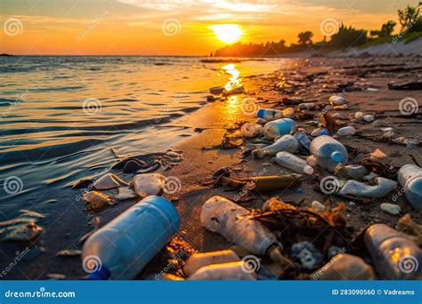 Spilled Garbage On The Beach Empty Used Dirty Plastic Bottles Disposable Bag And Empty Cans On