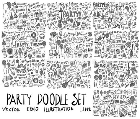Set Of Party Illustration Hand Drawn Doodle Sketch Line Vector Scribble Eps Stock Illustration