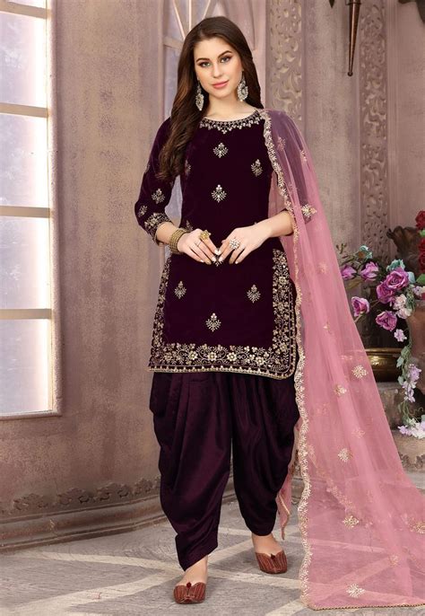 Purple Velvet Embroidered Punjabi Suit 194852 Patiala Salwar Suits