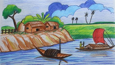 Draw landscapes in colored pencil: A landscape drawing for beginners with pencil colors | How to draw a village scenery step by ...