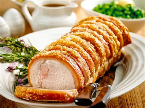 It usually weighs anywhere from 4 to 14 pounds and generally includes the shoulder blade. Roasted pork loin with crackling roast vegetables, gravy ...