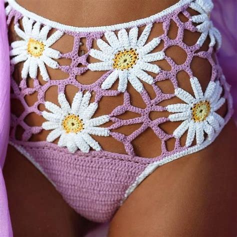 Crochet Daisies High Waist Bikini Bottoms Crocheted White Daisy Pantie