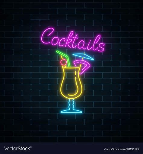 Glow Neon Sign Of Cocktails Bar On Dark Brick Vector Image