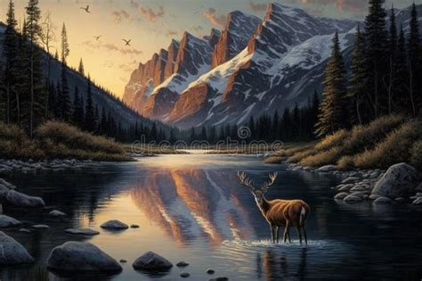Breathtaking Mountain Landscape At Sunset With A Deer Standing In A