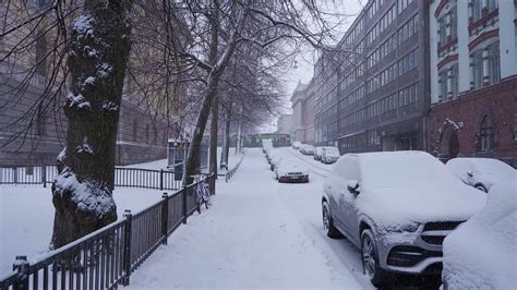 Snowfall In Helsinki City Street Walk In Winter Finland 4k Scenes By