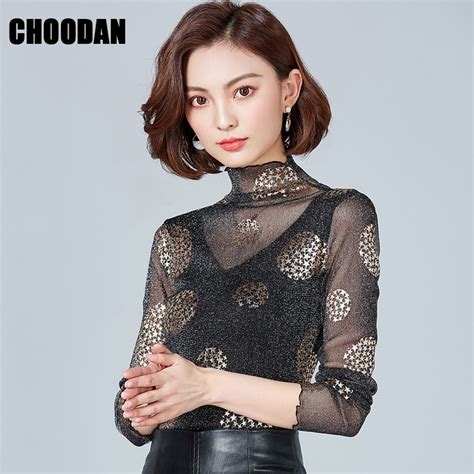 Gold Print Dots Blouses Shirts Women Long Sleeve Tops Female 2019 Spring Autumn Lace Mesh Office