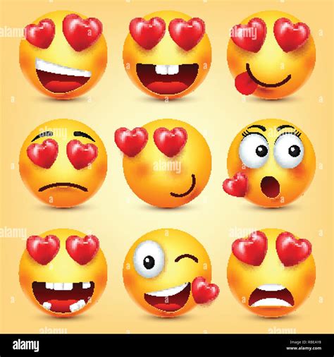 Emoji Smiley With Red Heart Vector Set Valentines Day Yellow Cartoon