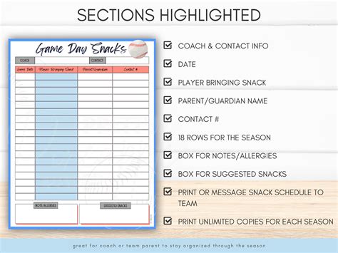 Editable Baseball Game Day Snack Schedule Template Instant Download To