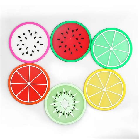 6pc Fruit Coaster Set Colorful Silicone Cup Drinks Holder Mat Tableware