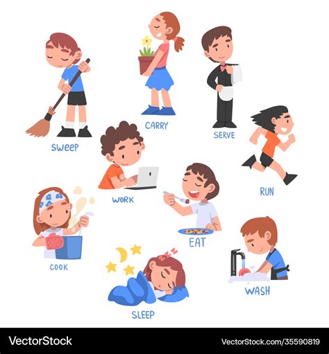 Action Verbs Set Children Education Concept Cute Vector Image