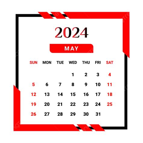 Calendario Del Mes De Mayo De 2024 Con Estilo único Rojo Y Negro Vector Png Calendario Mensual