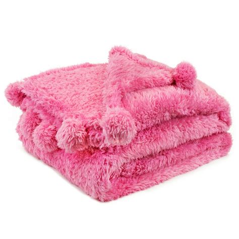Pavilia Hot Pink Sherpa Throw Blanket For Couch Pom Pom Fluffy Plush