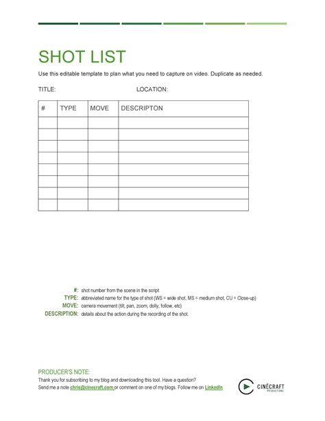 Handy Shot List Templates Film Photography Templatelab