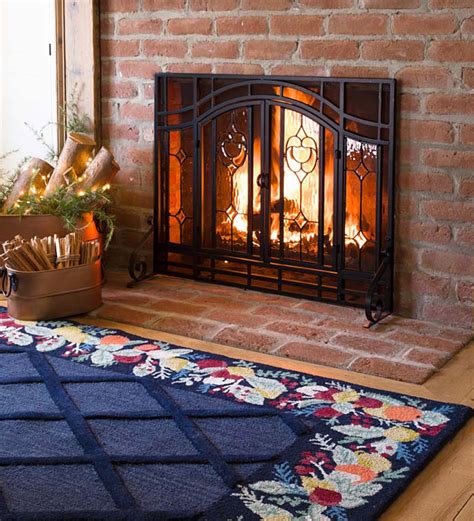 2 Door Floral Fireplace Fire Screen With Beveled Glass Panels Black 689854779654 Ebay