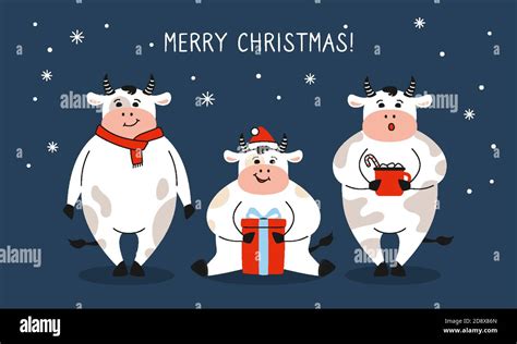 Greeting Christmas Card Bull With T New Year Symbol Cartoon Cow
