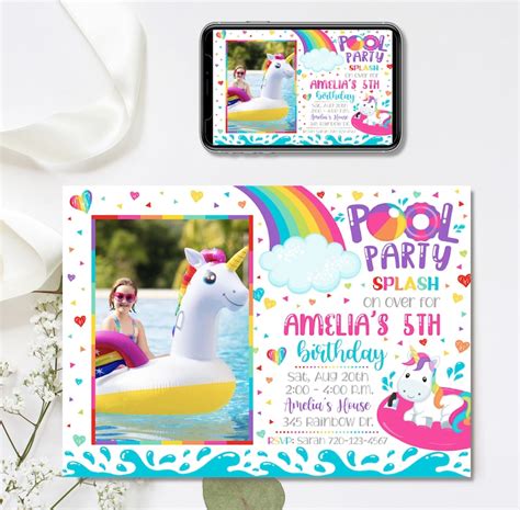 Editable Unicorn Pool Party Invitation Pool Party Birthday Etsy