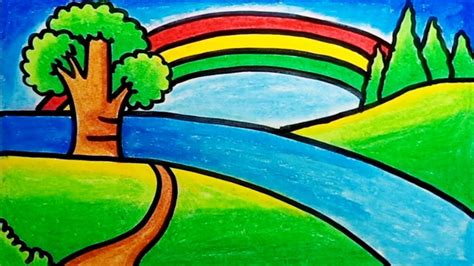 How To Draw Rainbow Scenery With Oil Pastels Drawing Rainbow Scenery