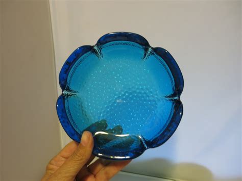 Vintage Anchor Hocking Aqua Blue Glass Ashtray Floral 1974