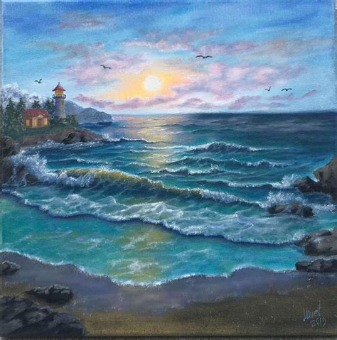 Sunset On The Ocean 12×12 Oil Painting By Laura Livetskiy 2019 Surf