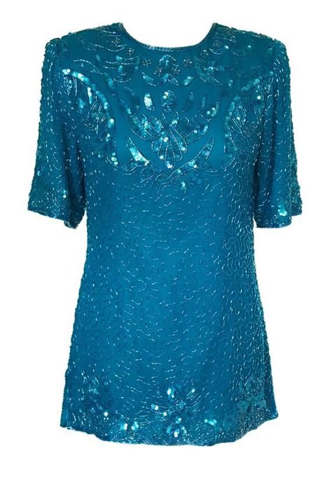 80s Silk Bold Turquoise Sequin Beaded Tunic Blue Occasion Party Trophy