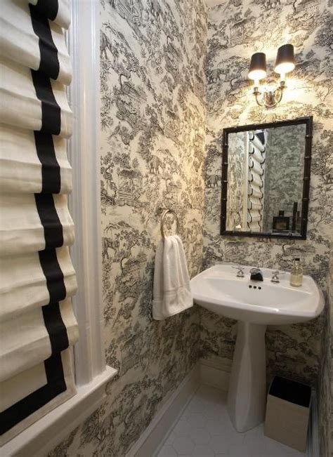 A Tiny Half Bath Done In A Black And White Toile With Roman Shades
