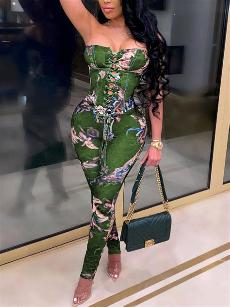lovely sexy off the shouder bandage design print green two piece pants setlw fashion online