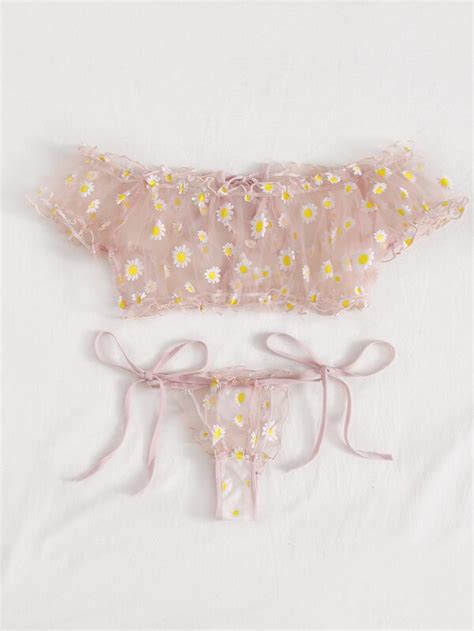 daisy floral sheer mesh lingerie set shein usa