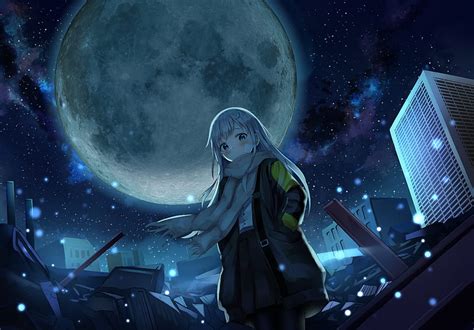Starry Sky Anime Girl Walking Scenic Moon Night Nebula Falling