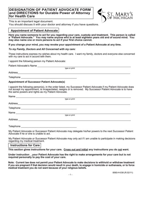 Designation Of Patient Advocate Form And Directions For Durable Power
