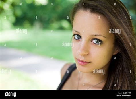 Outdoors Portrait Of Super Cute Brunette Teen Girl Stock Photo Alamy