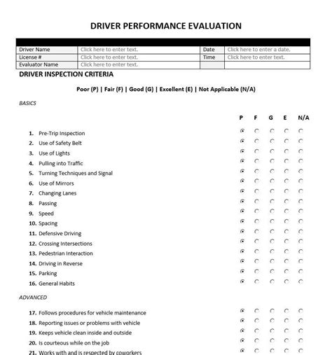 driver performance evaluation form evaluation forms