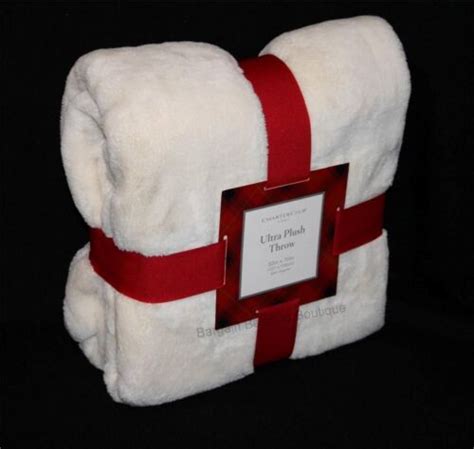 New Charter Club Ultra Plush Throw Blanket Ivory Cream Red Brown 50 X