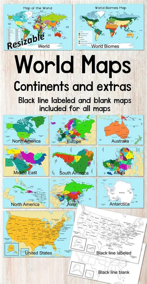 World Map And Separate Continents Maps Includes Black And White Maps
