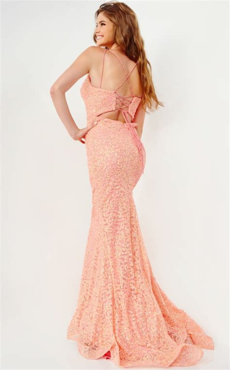 Jvn08489 Coral Sequin V Neck Prom Dress Jvn