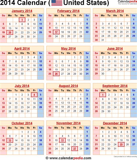 2014 Calendar With Federal Holidays