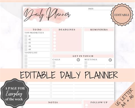 Editable Daily Planner To Do List Printable Productivity Etsy Uk