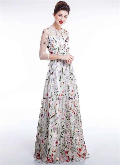 2018 White Prom Dresstulle Colorful Floral Embroidery Whimsical Maxi