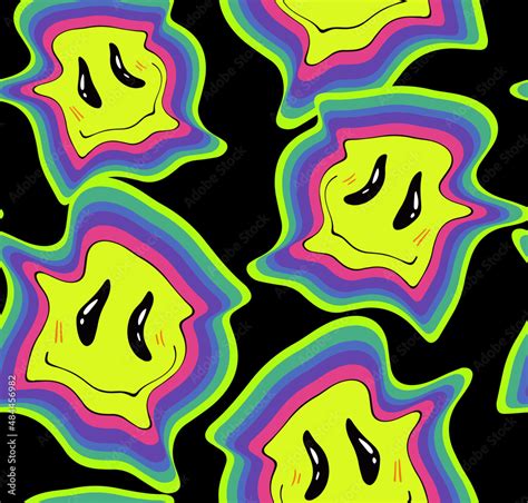Funny Crazy Melt Smile Smiley Faces Seamless Pattern Hippie Groovy