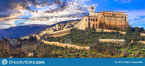landmarks and religious monuments of italy beautiful medieval town assisi in umbria stock