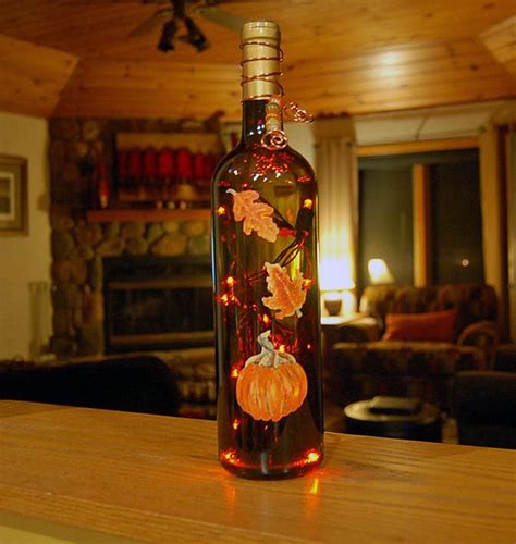 Wine Bottle Light Orange Pumpkin Autumn Leaves By Vauvicstudio Fall