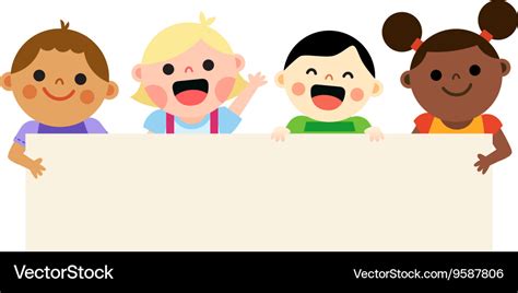 Four Multiethnic Kids Holding Blank Banner Vector Image