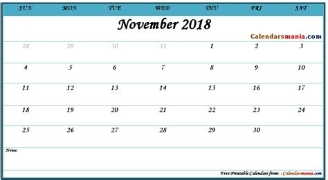 November 2018 Calendar Pdf