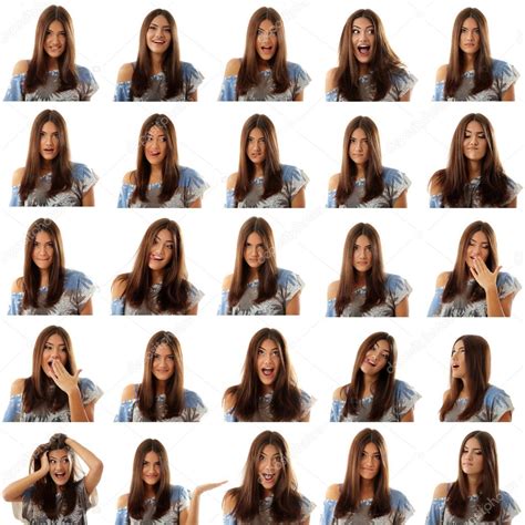 Teen Girl Attractive Set Make Faces Isolated On White — Stock Photo