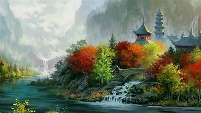 Asian Painting Landscape Wallpapers River Nature Waterfall