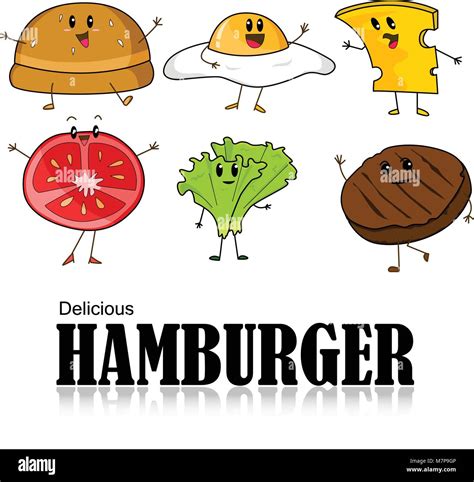 Cartoon Of Hamburger Bread Meat Slice Tomato Cheese Lettuce And