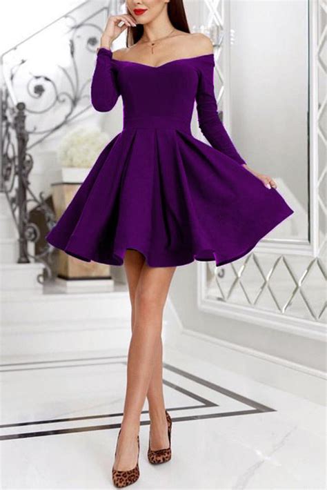 Purple Off The Shoulder Long Sleeve Above Knee Short Homecoming Dress